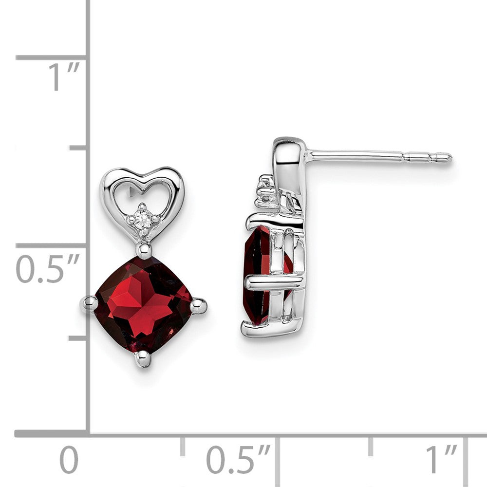 14k White Gold 6mm Cushion January/Garnet and Diamond Heart Post Earrings