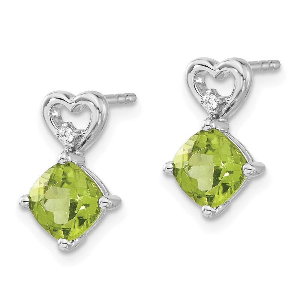 14k White Gold 6mm Cushion August/Peridot and Diamond Heart Post Earrings