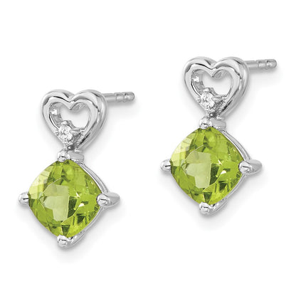 14k White Gold 6mm Cushion August/Peridot and Diamond Heart Post Earrings