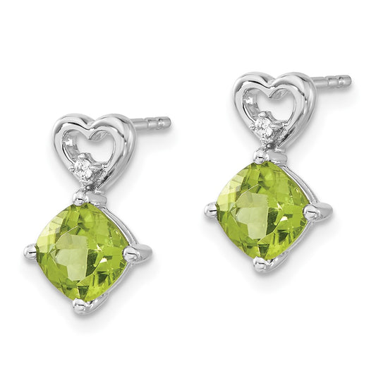 14k White Gold 6mm Cushion August/Peridot and Diamond Heart Post Earrings