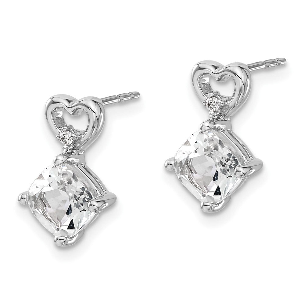 14k White Gold 6mm Cushion April/White Topaz and Diamond Heart Post Earrings