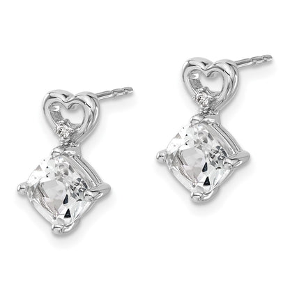 14k White Gold 6mm Cushion April/White Topaz and Diamond Heart Post Earrings