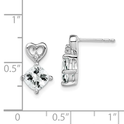 14k White Gold 6mm Cushion April/White Topaz and Diamond Heart Post Earrings