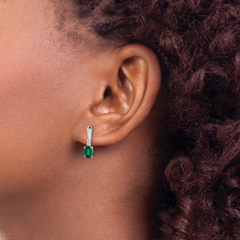 14k White Gold 5x3 Oval May/Lab Created Emerald and Diamond Dangle Post Earrings