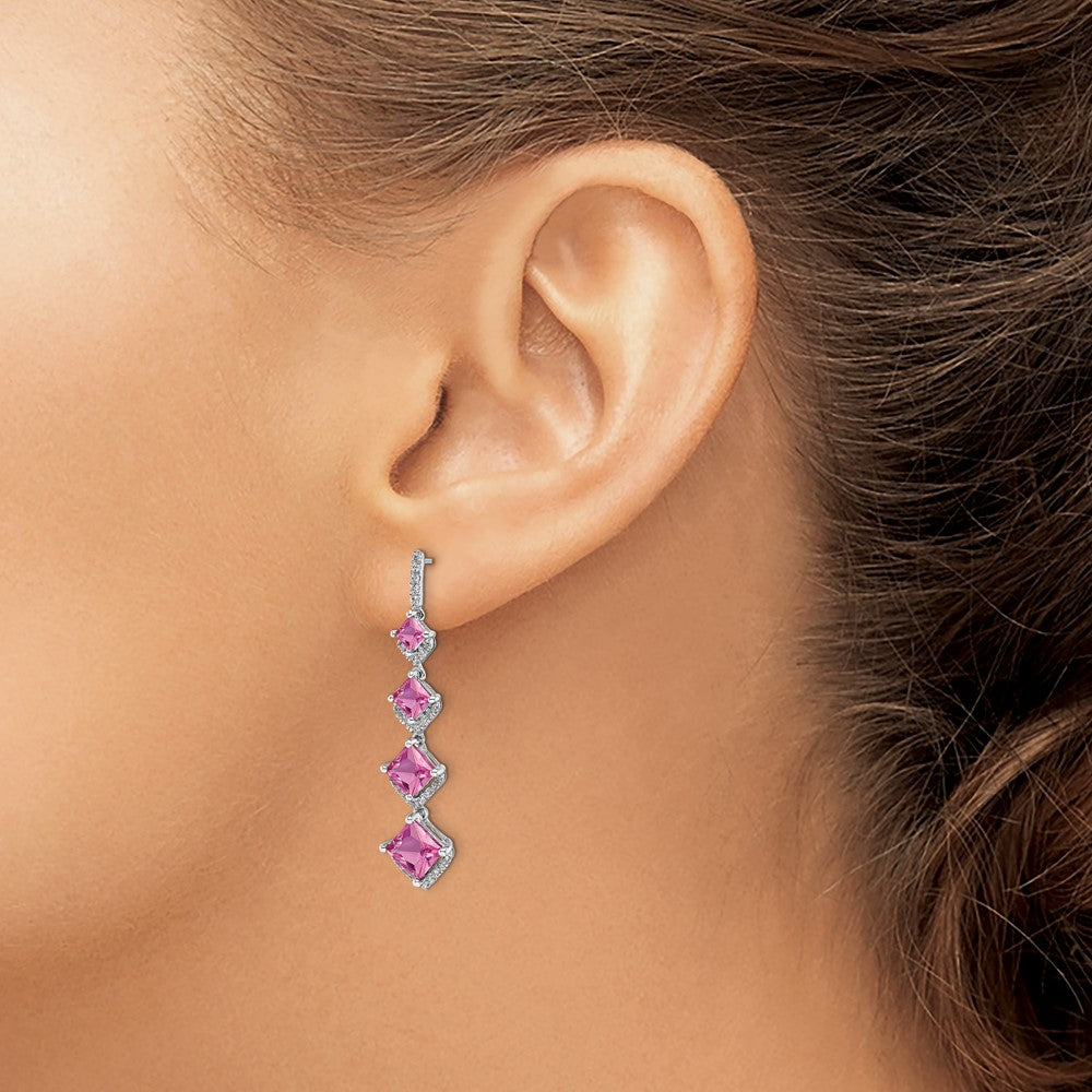 14k White Gold 1/3 carat Lab Grown Diamond VS/SI+ G+ and Lab Created Pink Sapphire Dangle Post Earrings