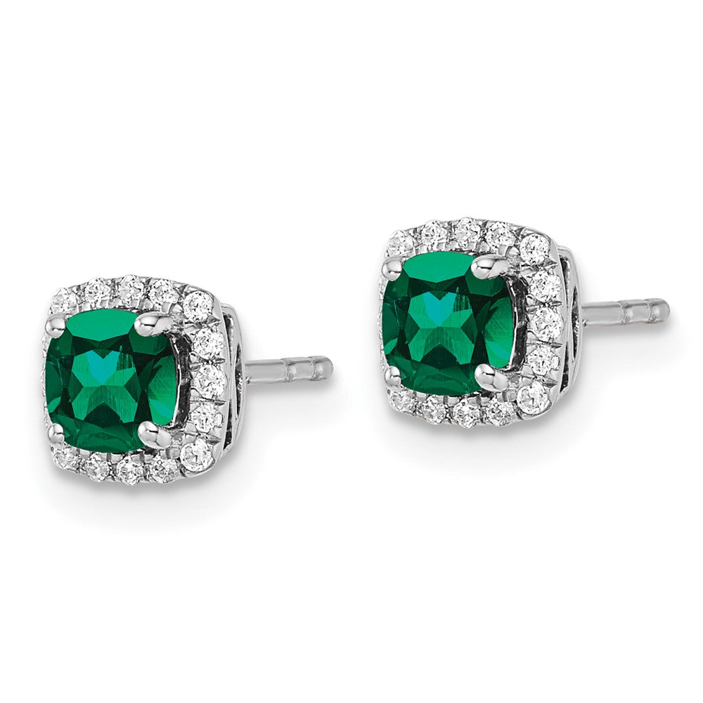 10k White Gold 1/10 carat Lab Grown Diamond VS/SI+ G+ and Created Emerald Complete Square Halo Post Earrings