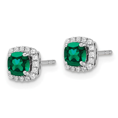 10k White Gold 1/10 carat Lab Grown Diamond VS/SI+ G+ and Created Emerald Complete Square Halo Post Earrings
