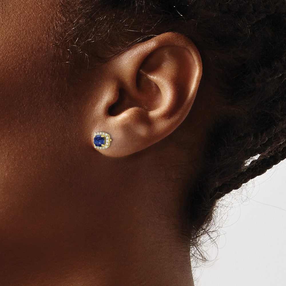 10k 1/10 carat Lab Grown Diamond VS/SI+ G+ and Created Sapphire Complete Square Halo Post Earrings