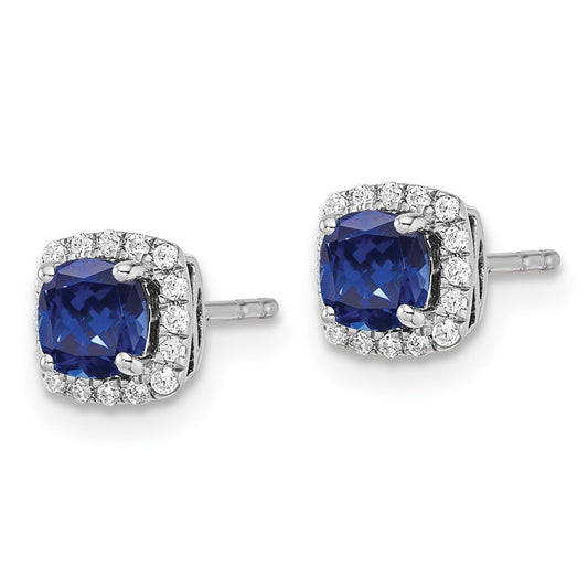 10k White Gold 1/10 carat Lab Grown Diamond VS/SI+ G+ and Created Sapphire Complete Square Halo Post Earrings