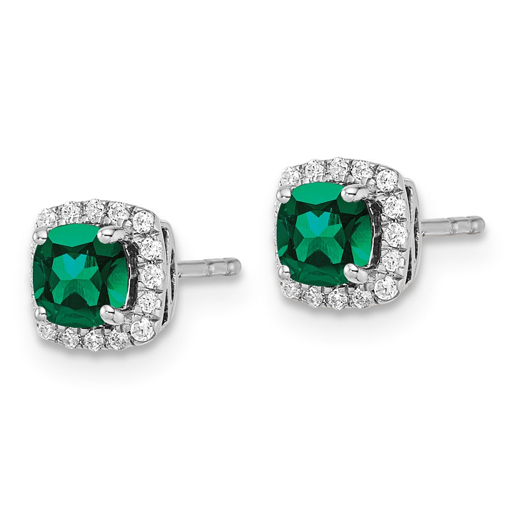 14k White Gold 1/10 carat Lab Grown Diamond VS/SI+ G+ and Created Emerald Complete Square Halo Post Earrings