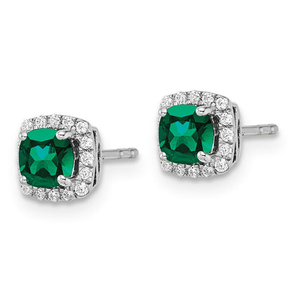 14k White Gold 1/10 carat Lab Grown Diamond VS/SI+ G+ and Created Emerald Complete Square Halo Post Earrings