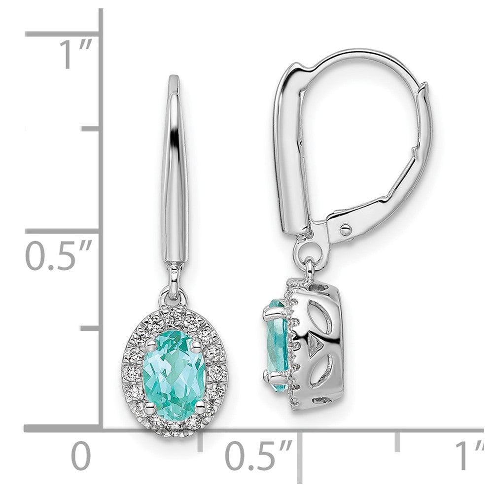 Pure Serenity 14k White Gold 1/5 carat Lab Grown Diamond VS/SI+ G+ and Lab Created Paraiba Leverback Dangle Earrings