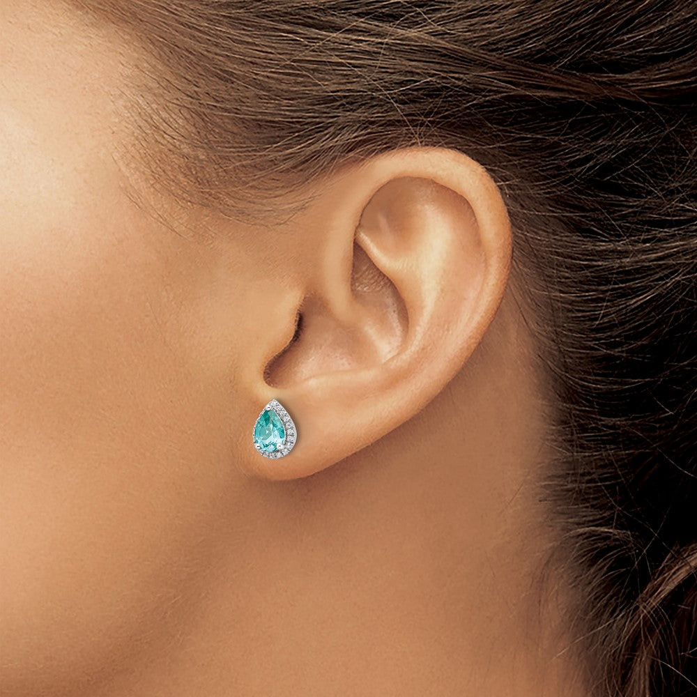 Pure Serenity 14k White Gold 1/6 carat Lab Grown Diamond VS/SI+ G+ and Lab Created Paraiba Pear Post Earrings