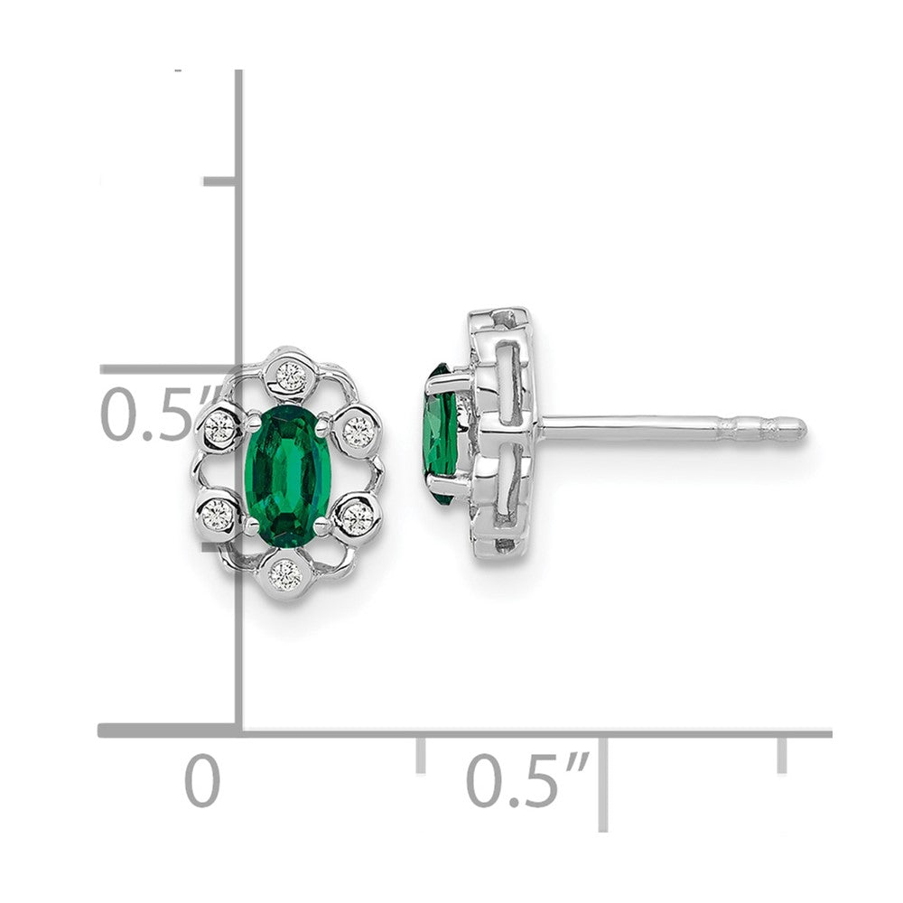 14k White Gold 1/20 carat Lab Grown Diamond VS/SI+ G+ and Oval Created Emerald Complete Halo Post Earrings