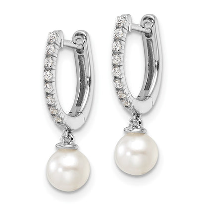 14k White Gold 1/10 carat Lab Grown Diamond VS/SI+ G+ and 5.50 mm Round Freshwater Cultured Pearl Complete Hinged Hoop Earrings