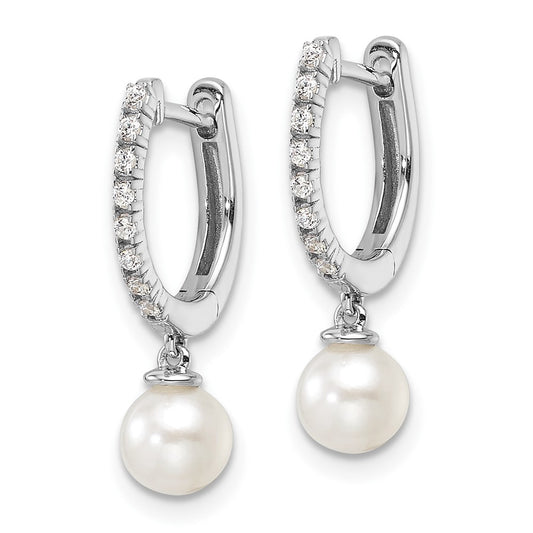 14k White Gold 1/10 carat Lab Grown Diamond VS/SI+ G+ and 5.50 mm Round Freshwater Cultured Pearl Complete Hinged Hoop Earrings