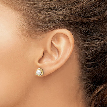 14k 1/10 carat Lab Grown Diamond VS/SI+ G+ and 5.50 mm Round Freshwater Cultured Pearl Post Earrings