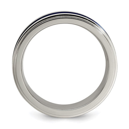 Edward Mirell Gray Titanium with Blue Anodized Stripe Flat Grooved Step Edge 7mm Band