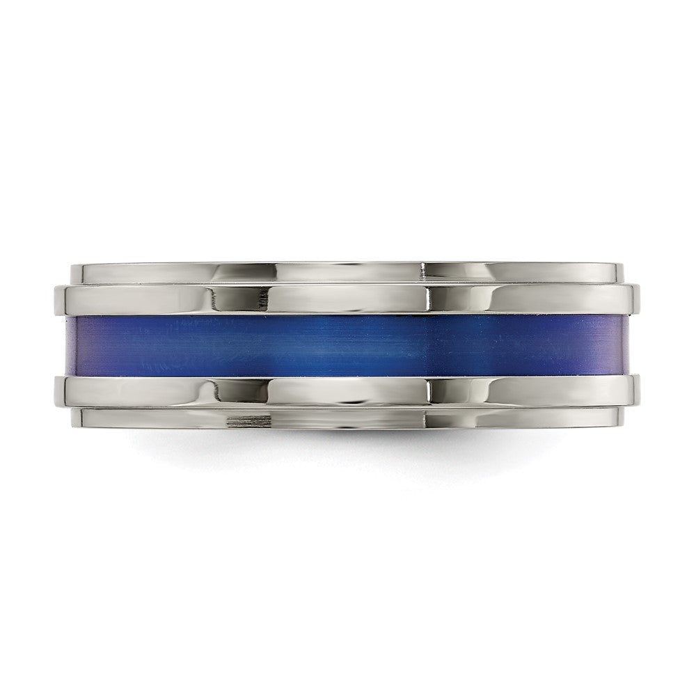 Edward Mirell Gray Titanium with Blue Anodized Stripe Flat Grooved Step Edge 7mm Band