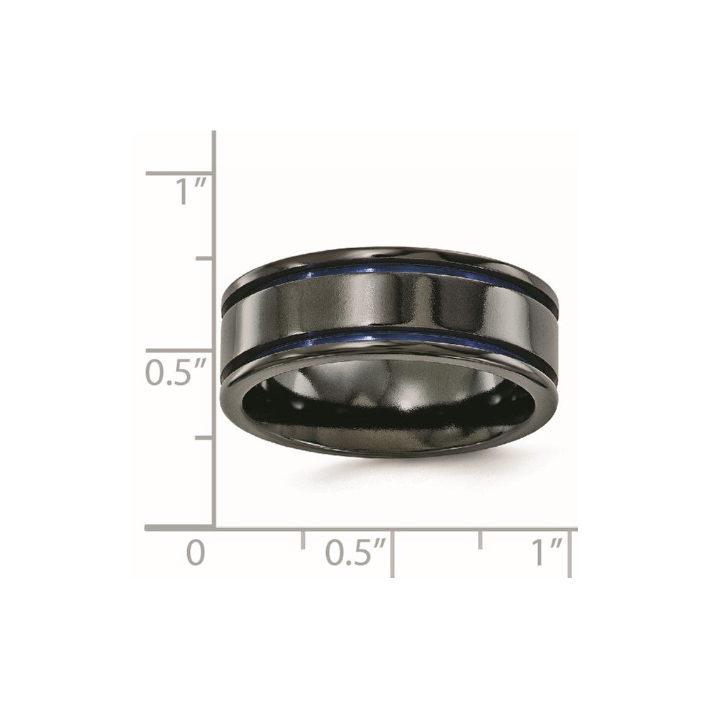 Edward Mirell Titanium Black Ti with Blue Anodized Grooves Flat 8mm Band