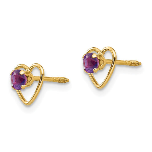 14k Madi K 3mm Round Genuine Amethyst Birthstone Heart Screwback Post Earrings