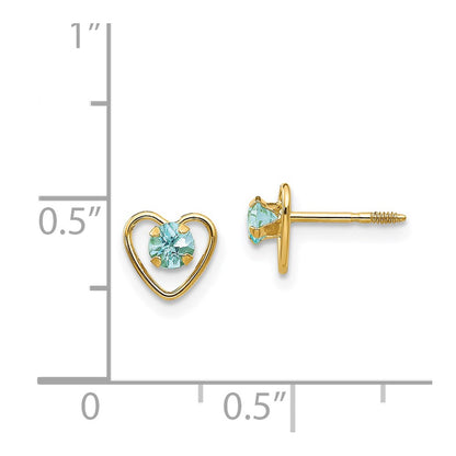 14k Madi K 3mm Round Genuine Aquamarine Birthstone Heart Screwback Post Earrings