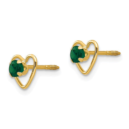 14k Madi K 3mm Round Lab Created Emerald Birthstone Heart Screwback Post Earrings