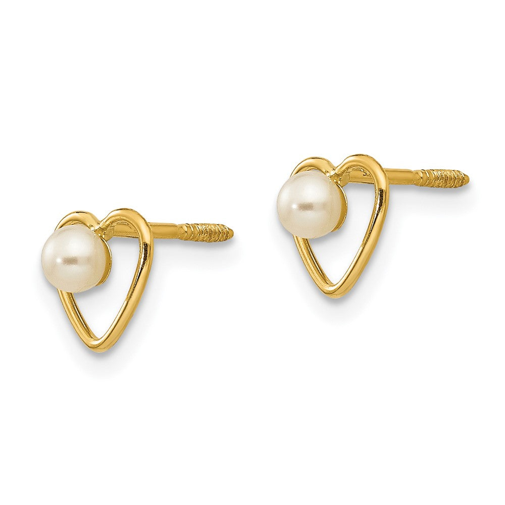 14k Madi K 3mm Round White Freshwater Cultured Pearl Birthstone Heart Screwback Post Earrings