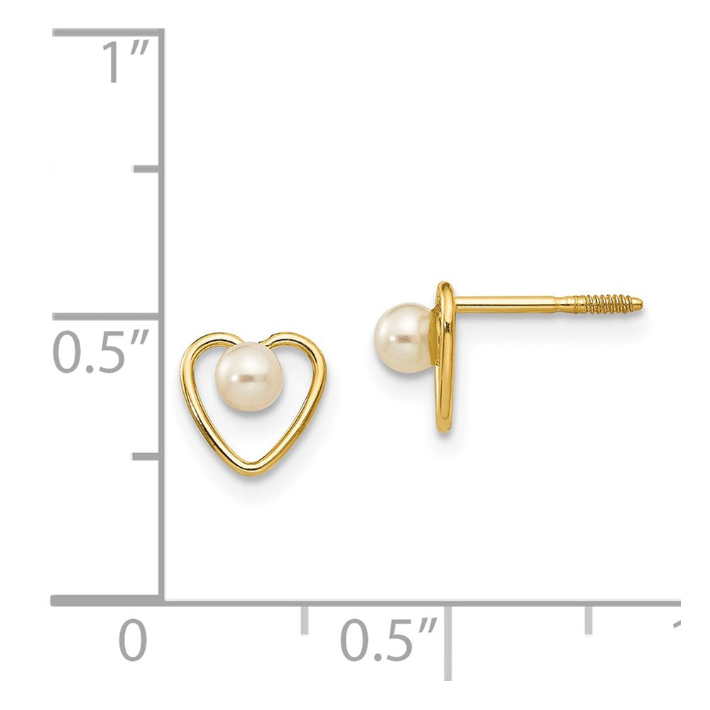 14k Madi K 3mm Round White Freshwater Cultured Pearl Birthstone Heart Screwback Post Earrings