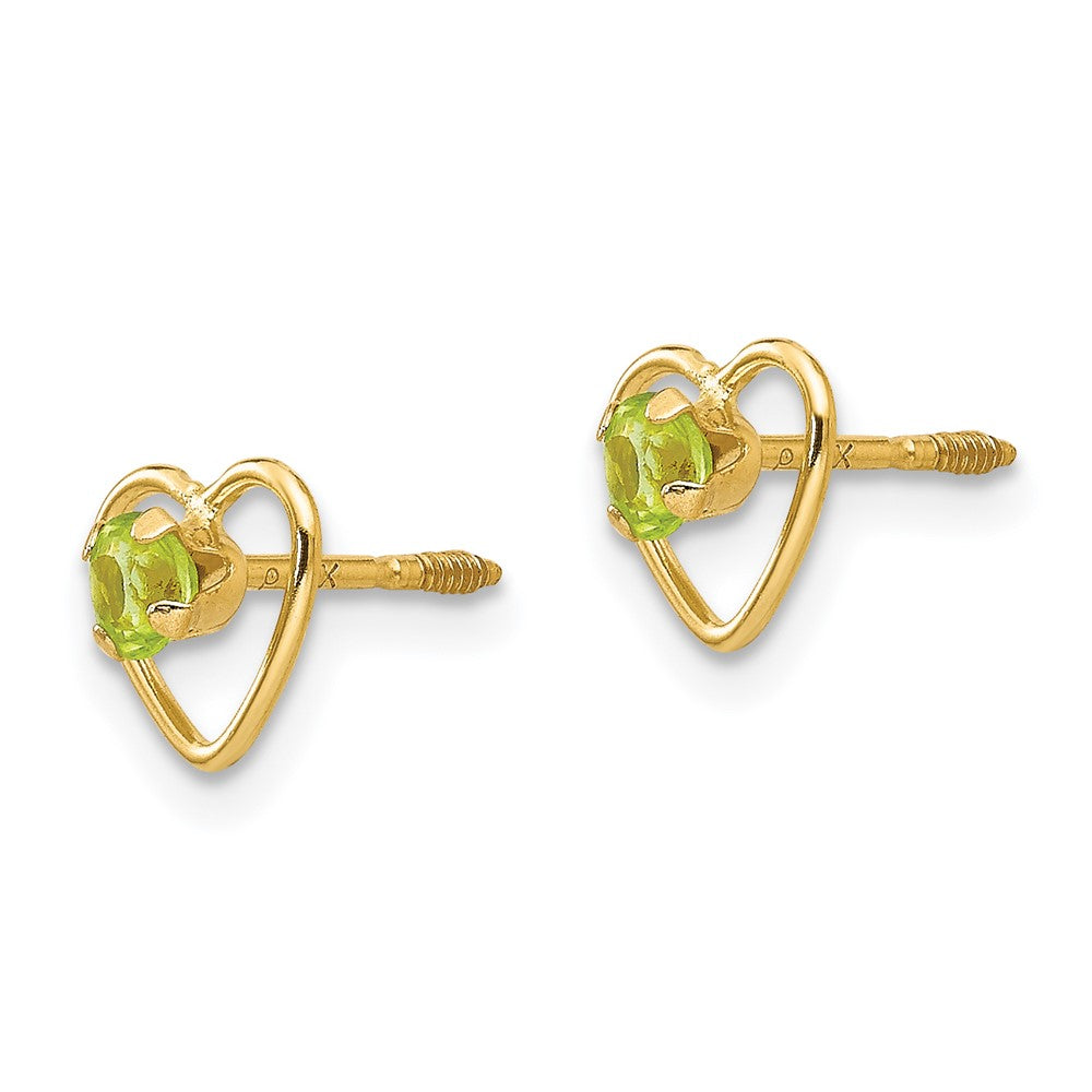 14k Madi K 3mm Round Genuine Peridot Birthstone Heart Screwback Post Earrings