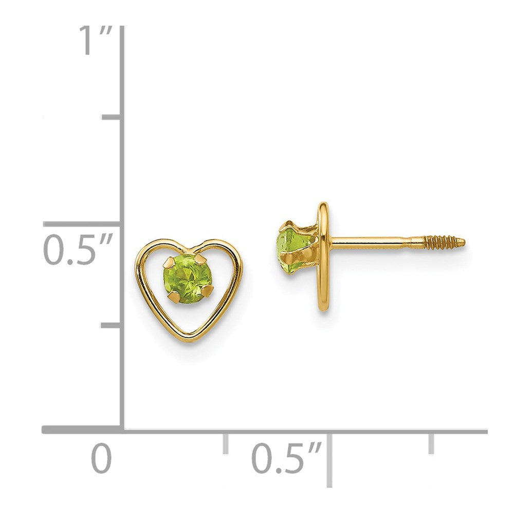 14k Madi K 3mm Round Genuine Peridot Birthstone Heart Screwback Post Earrings