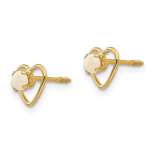 14k Madi K 3mm Round Imitation Opal Birthstone Heart Screwback Post Earrings