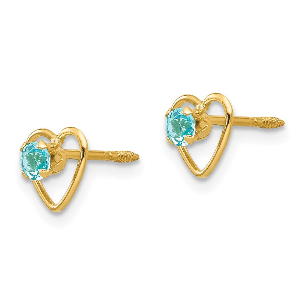 14k Madi K 3mm Round Genuine Blue Topaz Birthstone Heart Screwback Post Earrings