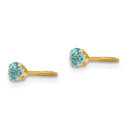 14k Madi K 3mm Round Blue Zircon Birthstone Screwback Post Earrings