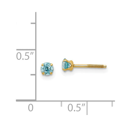 14k Madi K 3mm Round Blue Zircon Birthstone Screwback Post Earrings