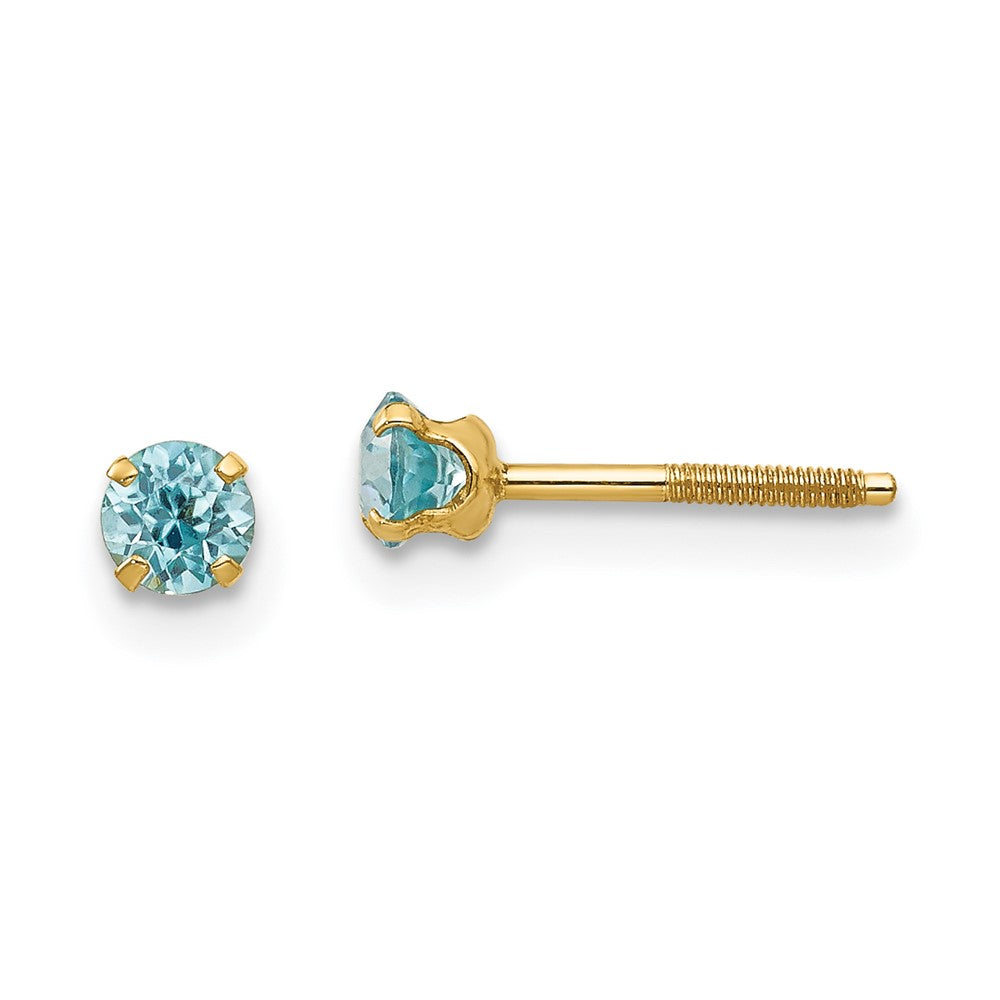 14k Madi K 3mm Round Blue Zircon Birthstone Screwback Post Earrings