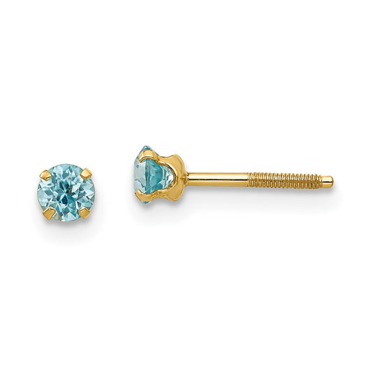 14k Madi K 3mm Round Blue Zircon Birthstone Screwback Post Earrings