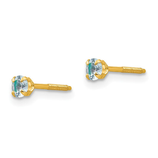14k Madi K 3mm Round Imitation Aquamarine March Birthstone Screwback Post Earrings