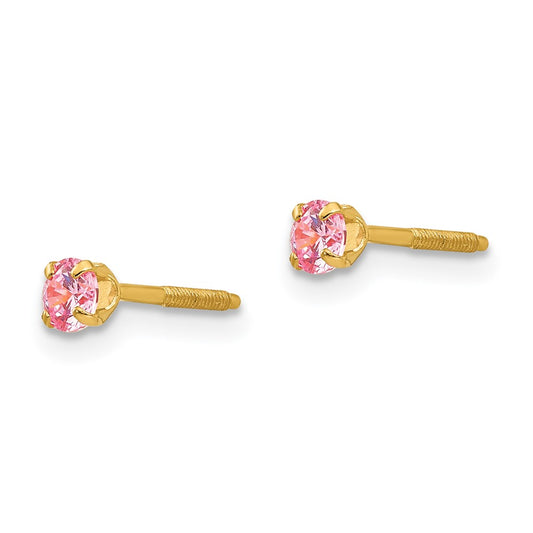 14k Madi K 3mm Round Imitation Pink Tourmaline October Birthstone Screwback Post Earrings