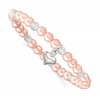 Sterling Silver Puffed Heart 4mm Pink Imitation Shell Pearl and Faceted Clear Crystal Bead Stretch Bracelet with Pink Gift Pouch