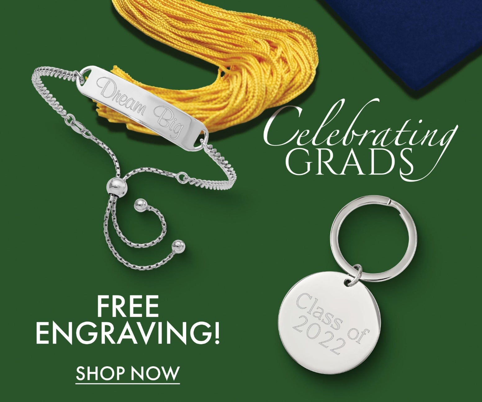 Graduation-themed jewelry with 'Celebrating Grads' text on a green background