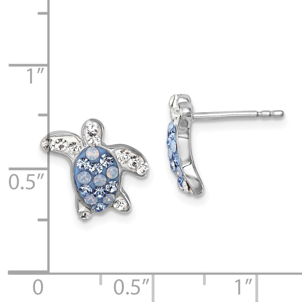 Sterling Silver Rhodium-plated Polished Blue and White Crystal Turtle Post Earrings