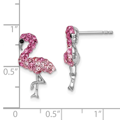 Sterling Silver Rhodium-plated Polished Pink Crystal Flamingo Post Earrings