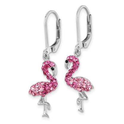 Sterling Silver Rhodium-plated Polished Pink Crystal Flamingo Leverback Earrings