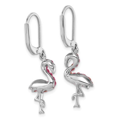 Sterling Silver Rhodium-plated Polished Pink Crystal Flamingo Leverback Earrings
