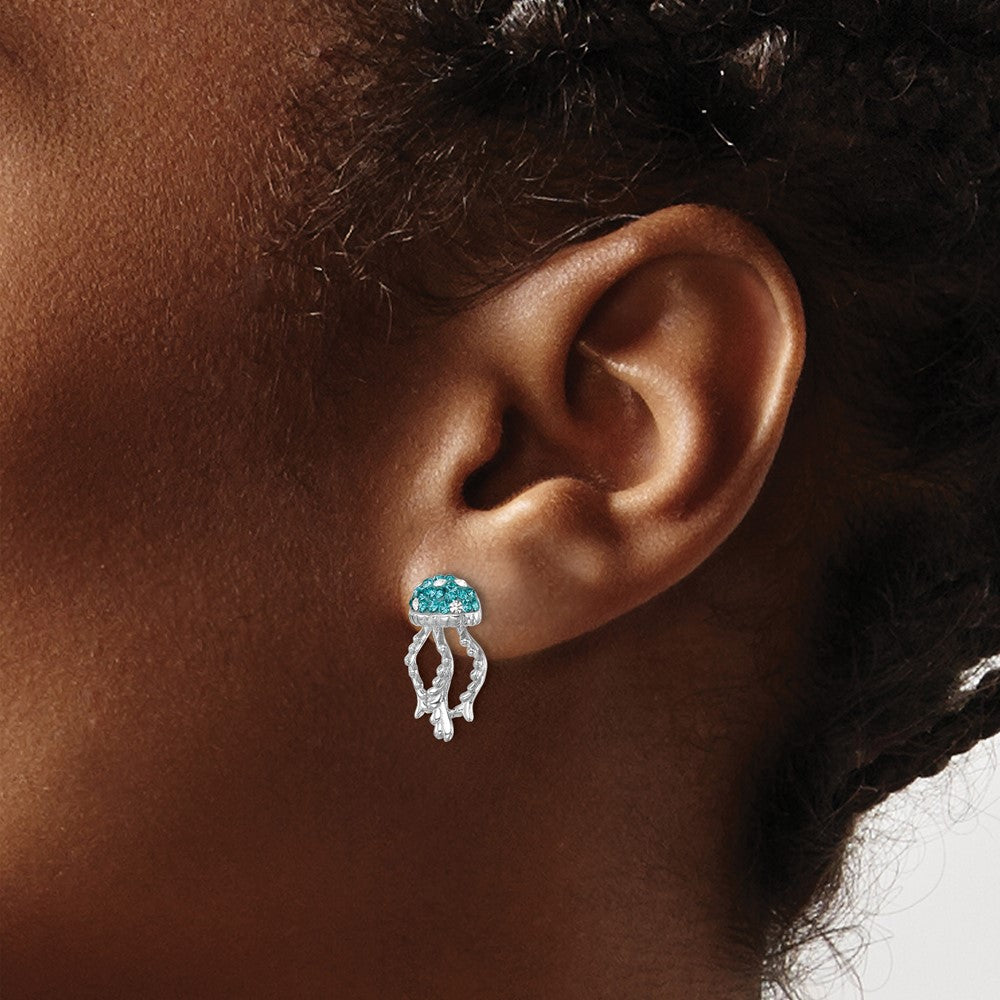 Sterling Silver Rhodium-plated Polished Blue and White Crystal Jellyfish Post Earrings