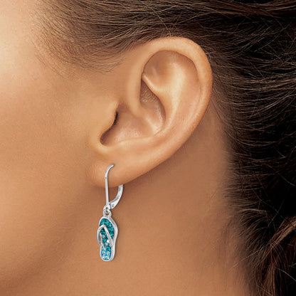 Sterling Silver Rhodium-plated Polished Blue and White Crystal Flip Flop Dangle Leverback Earrings