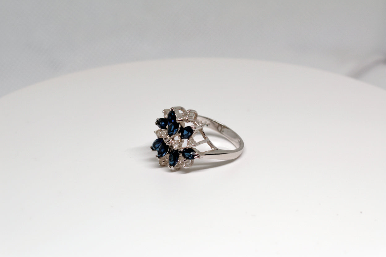 Blue Sapphire & Rhinestones Cluster Cocktail Ring