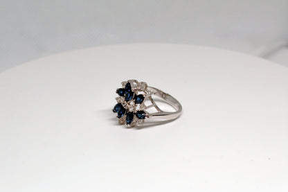 Blue Sapphire & Rhinestones Cluster Cocktail Ring
