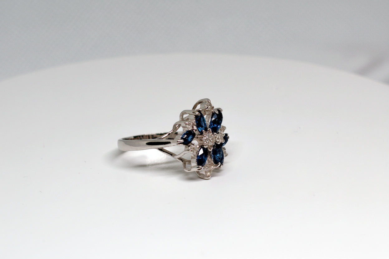 Blue Sapphire & Rhinestones Cluster Cocktail Ring